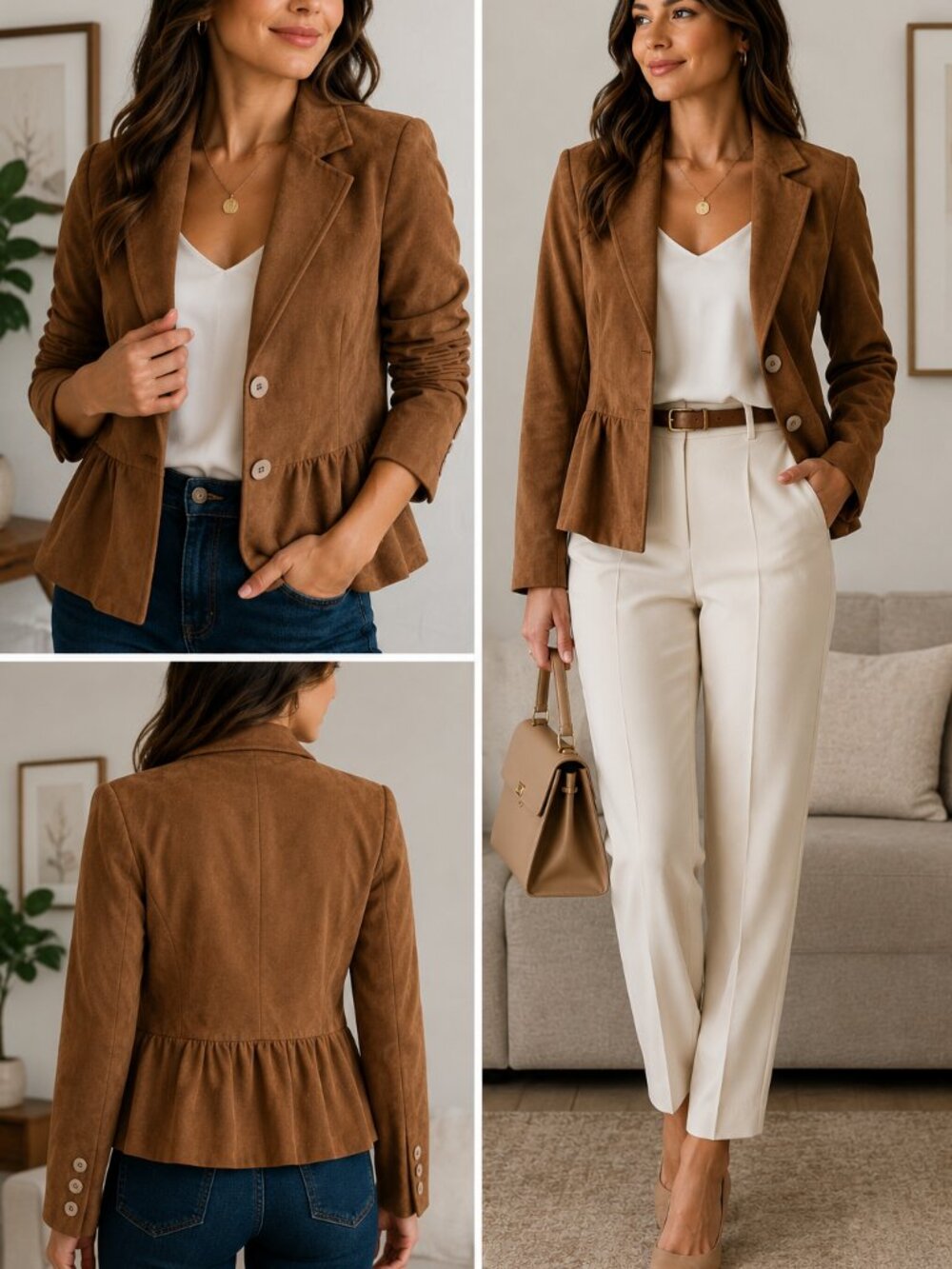 Jessica Petite Faux Suede Peplum Blazer Brown Size 10P